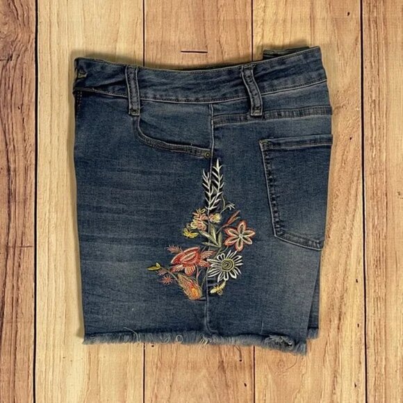 Cut Off Blue Jean Denim Shorts with Floral Embroidery and Distressed Hem - Picture 8 of 10